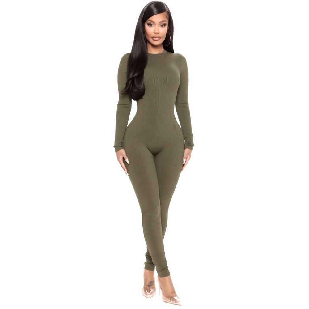 Olive Green Snatched Ribbed Jumpsuit size XL